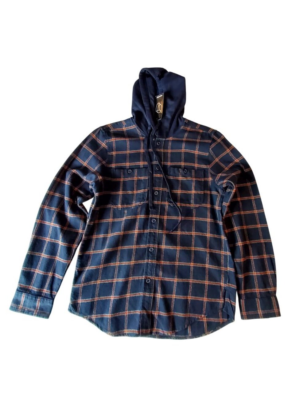 Original Use Navy Plaid Hooded Flannel Shirt Button-Up Small Size Lightweight